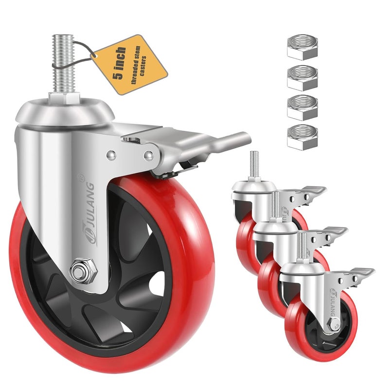 Julang Heavy Duty 5 inch Caster Wheels 1/2 Threaded Stem Casters Set of 4 (2800lbs,Stem Diameter 1/2", 13 Threaeds Per Inch, Length 1.25"), Industrial Castor Wheels for Cart,Furniture - Image 1